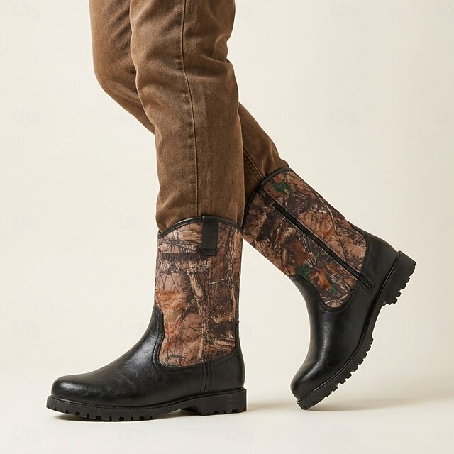 Men's Western Work Style Mid Calf Boots Black Brown Camouflage Print ...