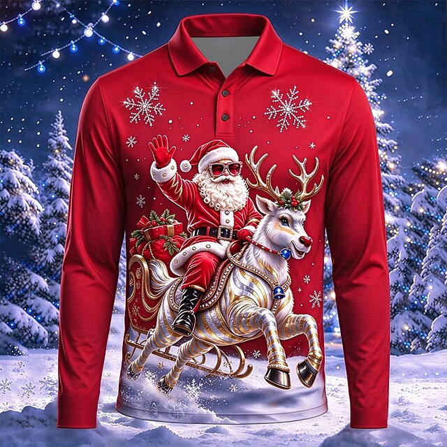 Christmas Men's Graphic Santa Claus Rhinestone Polo Long Sleeve Polo ...