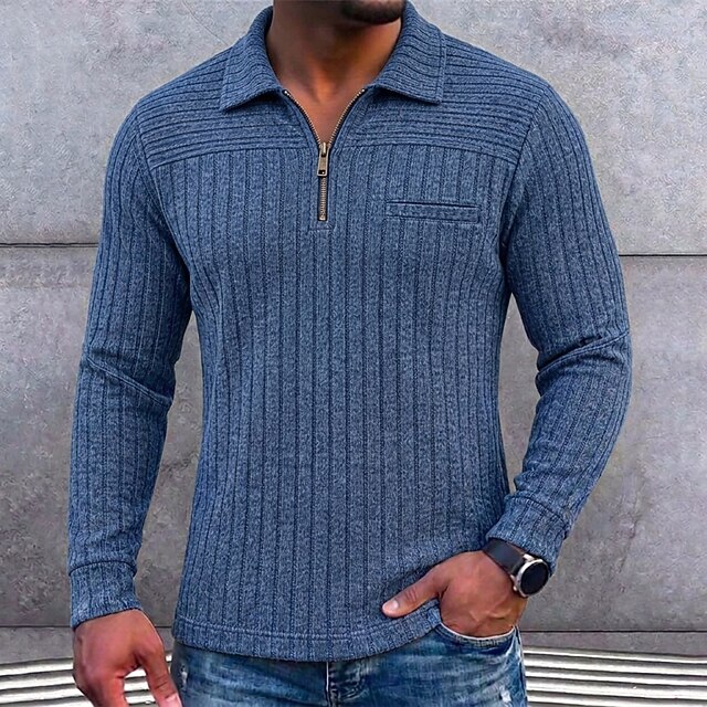 Men's Knit Polo Sweater Textured Casual Street Zip Lapel Long Sleeve ...
