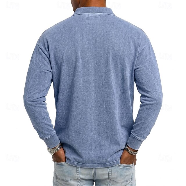 Men's Polo 100% Cotton Acid Wash Shirt Casual Vacation Turndown Long ...
