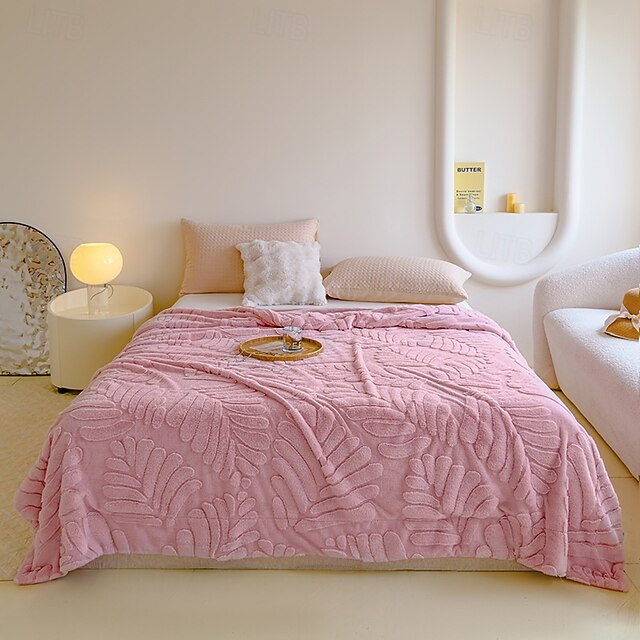 Double-Layer Faux Rabbit Fur Throw Blanket Banana Leaf Carved Pattern ...