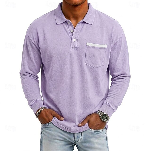 Men's Polo 100% Cotton Acid Wash Shirt Casual Vacation Turndown Long ...