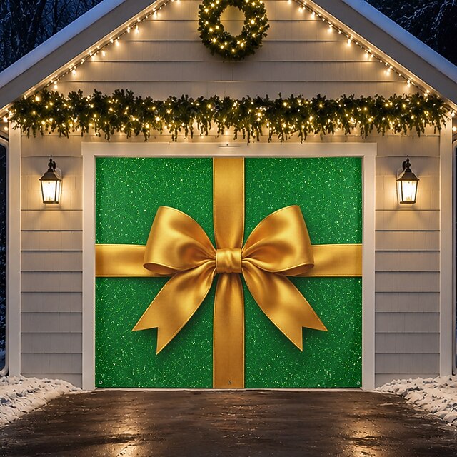Christmas Garage Door Cover With LED String Lights, 3D Green Gift Box ...