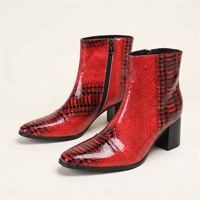 Men's Premium Genuine Leather Western Cowboy Ankle Boots Red Snakeskin ...