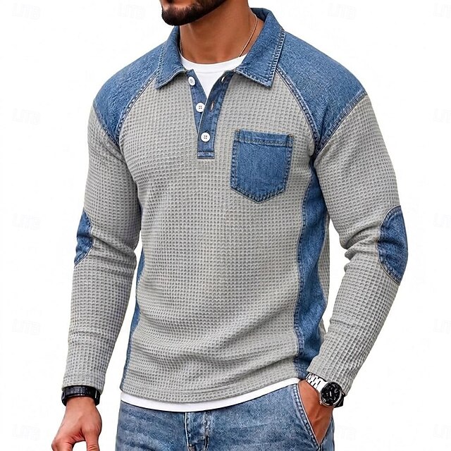 Men's Waffle Polo Shirts Casual Vacation Turndown Long Sleeve Fashion ...