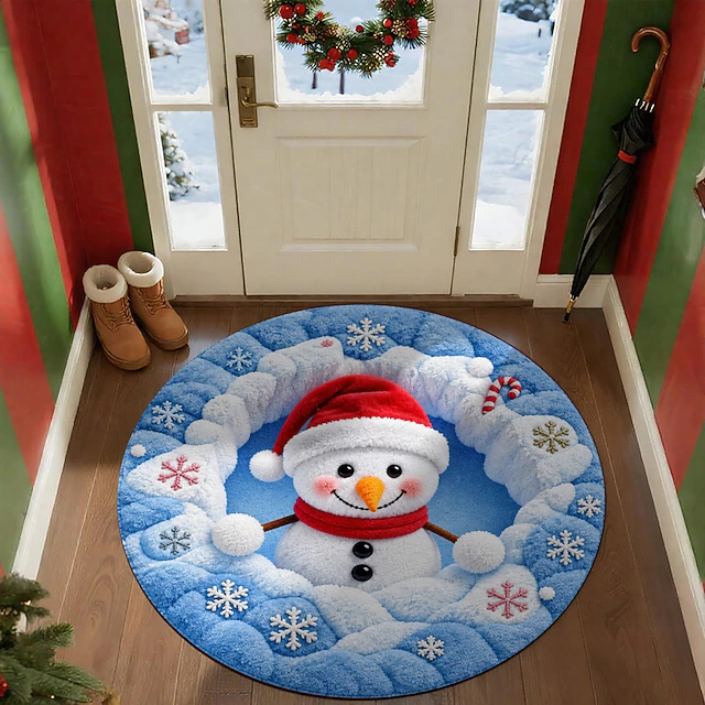 Christmas Round Area Rug Doormat, Cute Snowman and Blue Snowflake ...