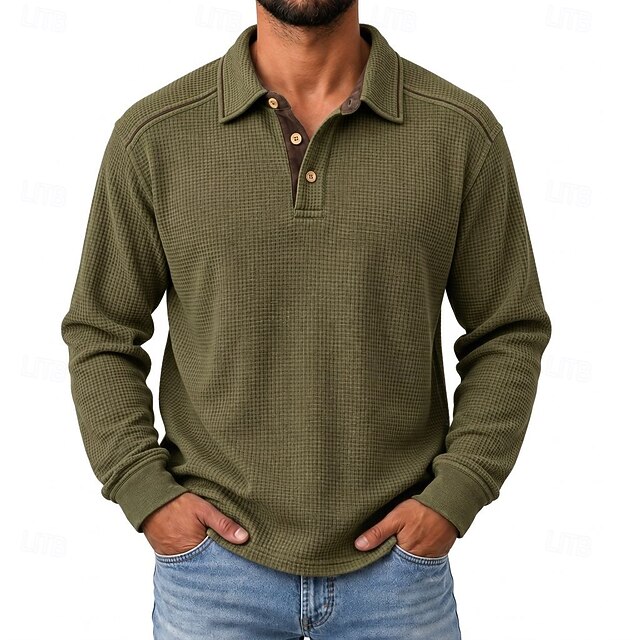 Men's Waffle Polo Shirts Casual Vacation Turndown Long Sleeve Fashion ...