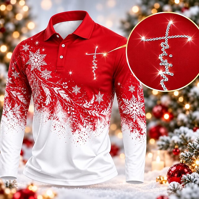 Christmas Men's Snowflake Christmas Rhinestone Polo Long Sleeve Polo ...