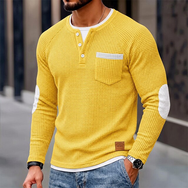 Men's Waffle T-shirt T Shirt Long Sleeve Henley Color Block Fake two ...