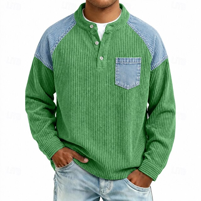 Men's T Shirt Corduroy Shirt Long Sleeve Solid Color Solid Traditional ...