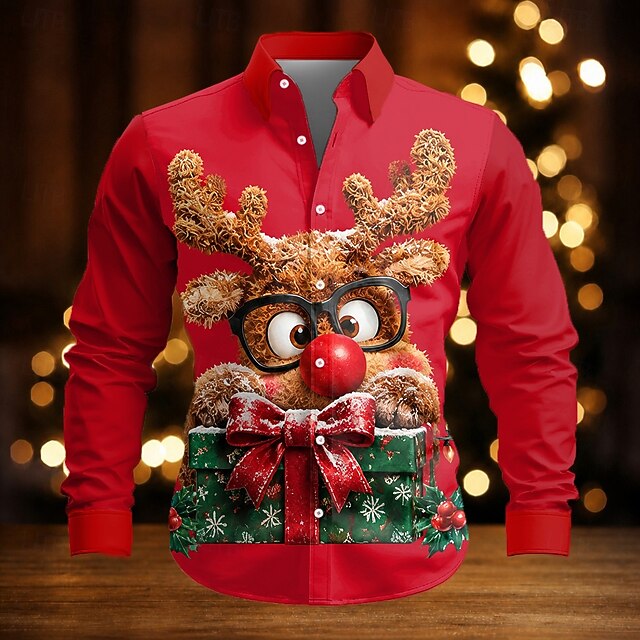 Christmas Men's Christmas Animal Deer Button Up Shirt Casual Dress ...