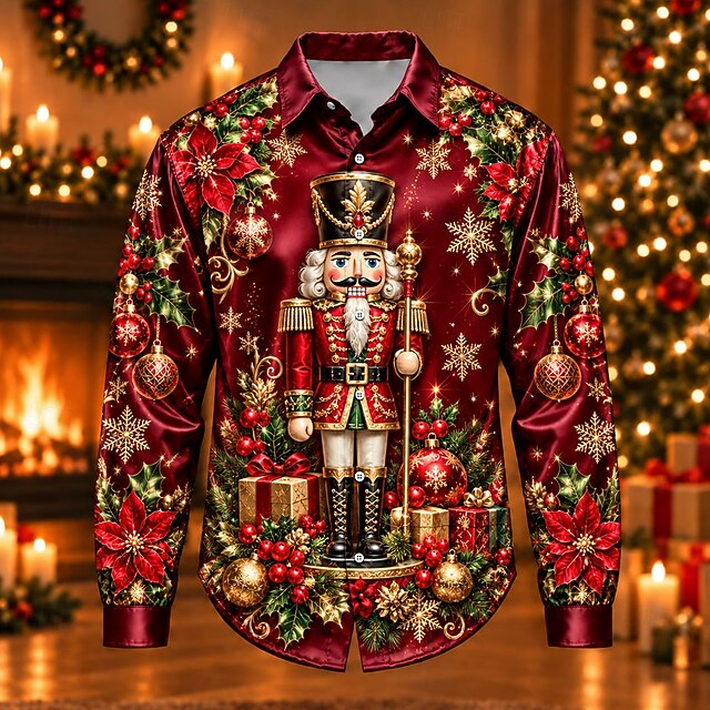 Christmas Men's Gingerbread Christmas Baubles Satin Shirt Long Sleeve ...
