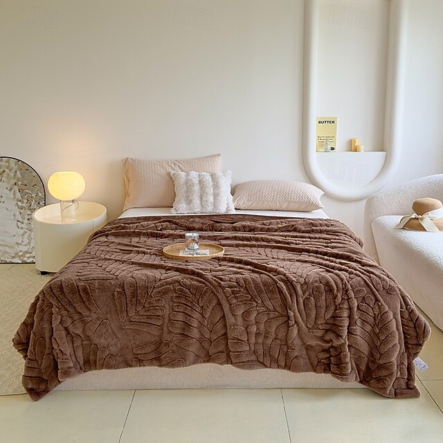 Double-Layer Faux Rabbit Fur Throw Blanket Banana Leaf Carved Pattern ...