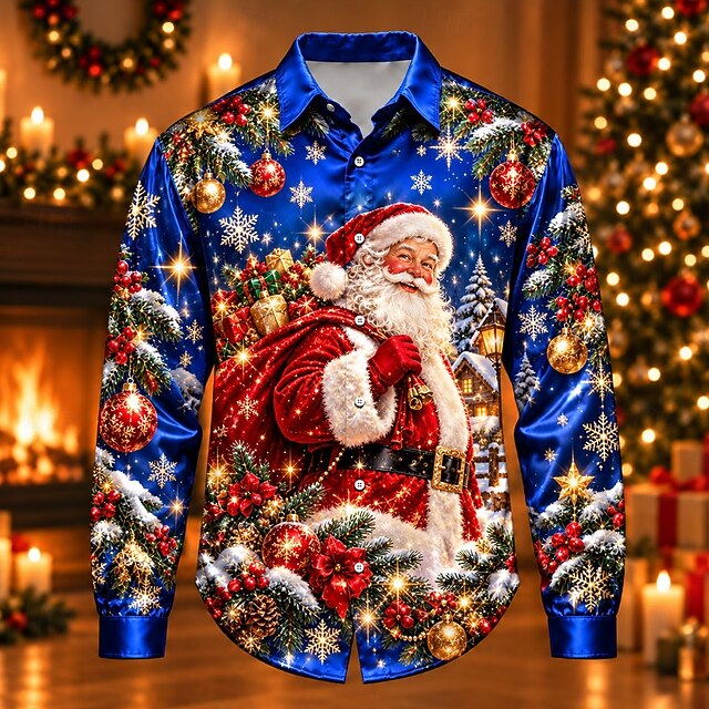 Christmas Men's Santa Claus Satin Shirt Christmas Shirt Long Sleeve ...
