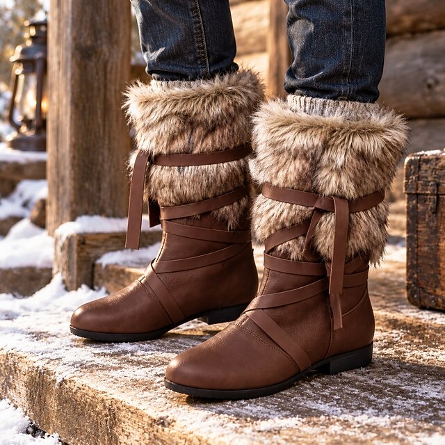 Men's Winter Boots with Faux Fur Cuff and Decorative Wraparound Straps ...