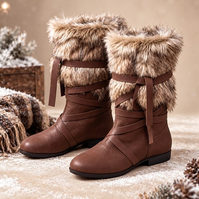 Men's Winter Boots with Faux Fur Cuff and Decorative Wraparound Straps ...