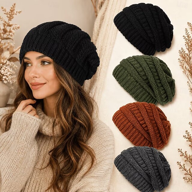 Chunky Knit Cable Brimless Beanie Hat, Oversized Loose Fit Winter Cap ...