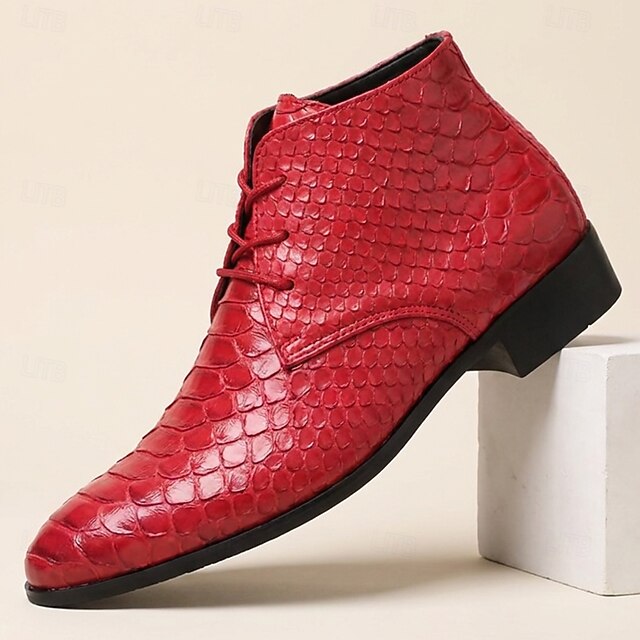 Men's Dress Ankle Boots Red Crocodile Embossed Lace Up Pointed Toe Low ...