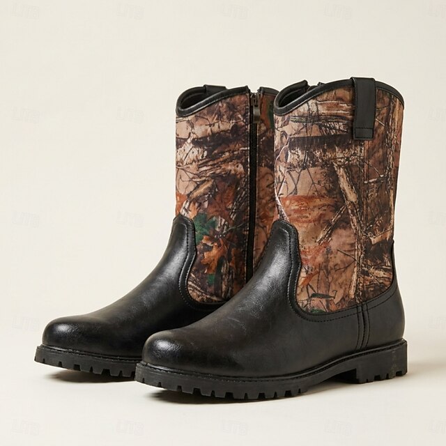 Men's Western Work Style Mid Calf Boots Black Brown Camouflage Print ...
