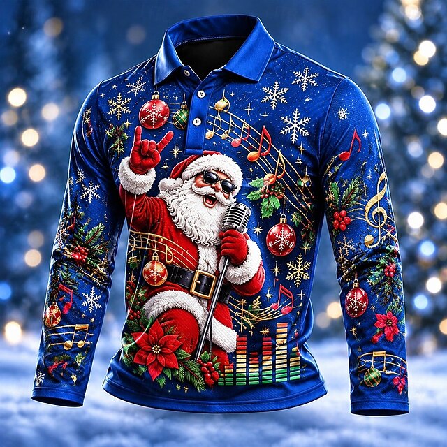 Christmas Men's Santa Claus Polo Long Sleeve Polo Shirts Collared ...