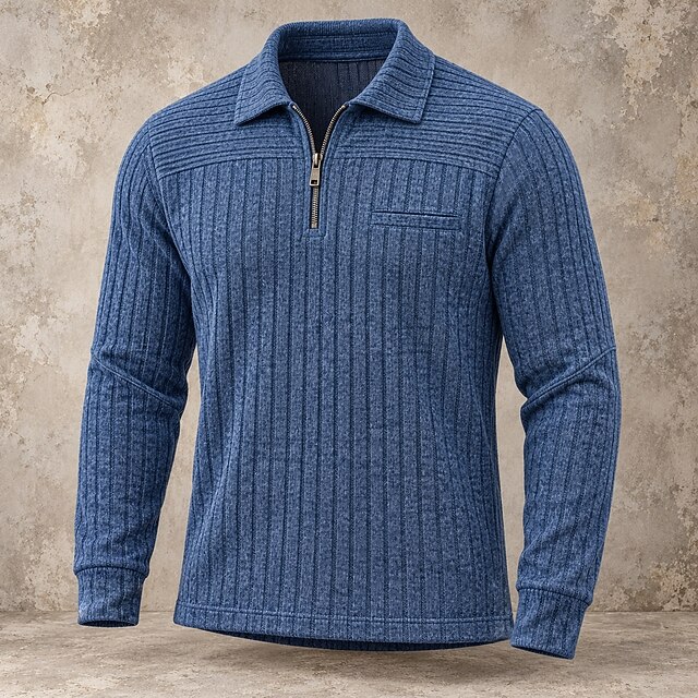 Men's Knit Polo Sweater Textured Casual Street Zip Lapel Long Sleeve ...