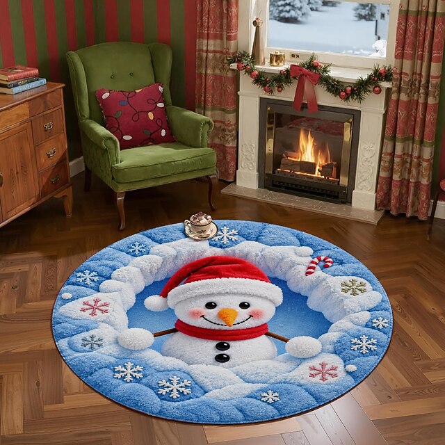 Christmas Round Area Rug Doormat, Cute Snowman and Blue Snowflake ...