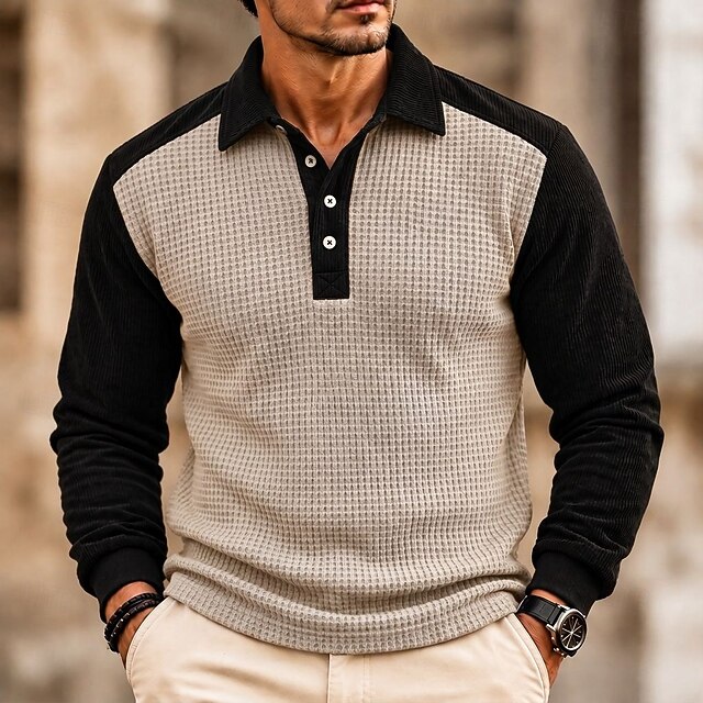 WaffleCraft™ Men's Waffle Polo Shirts Casual Vacation Turndown Long ...