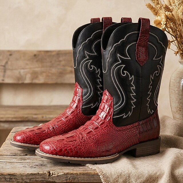 Men's Red Western Cowboy Boots with Crocodile-Embossed Foot and ...