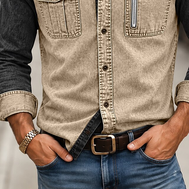 DenimTone Men Shirt Garment Dyed Acid Wash Shirt Color Block Casual ...