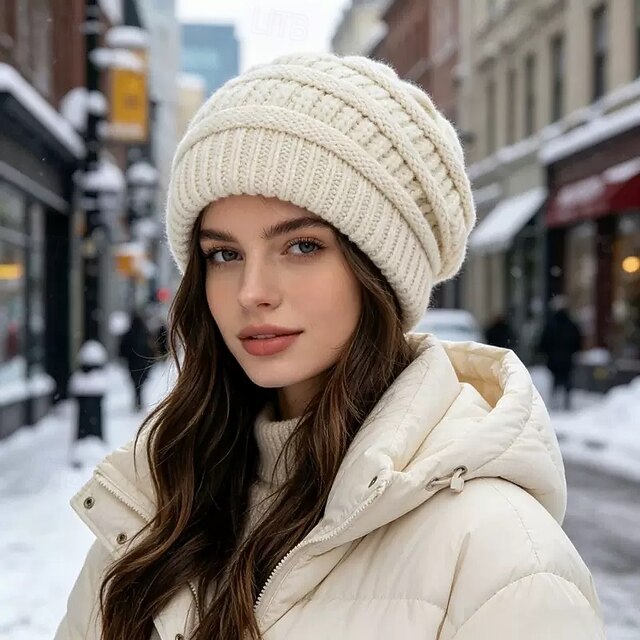 Chunky Knit Cable Brimless Beanie Hat, Oversized Loose Fit Winter Cap ...