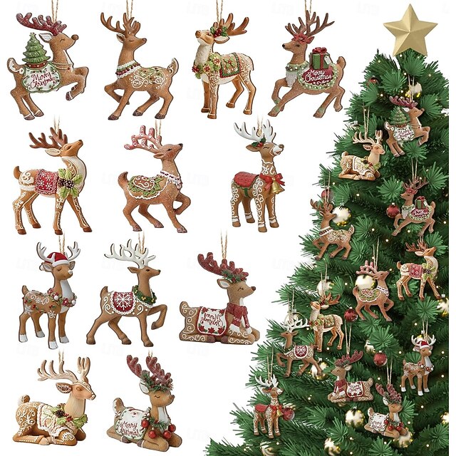 36 Pcs Christmas Reindeer Ornaments Set Vintage Wooden Gingerbread ...