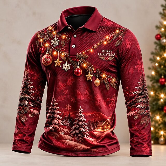 Christmas Men's Christmas Polo Long Sleeve Polo Shirts Collared Shirts ...