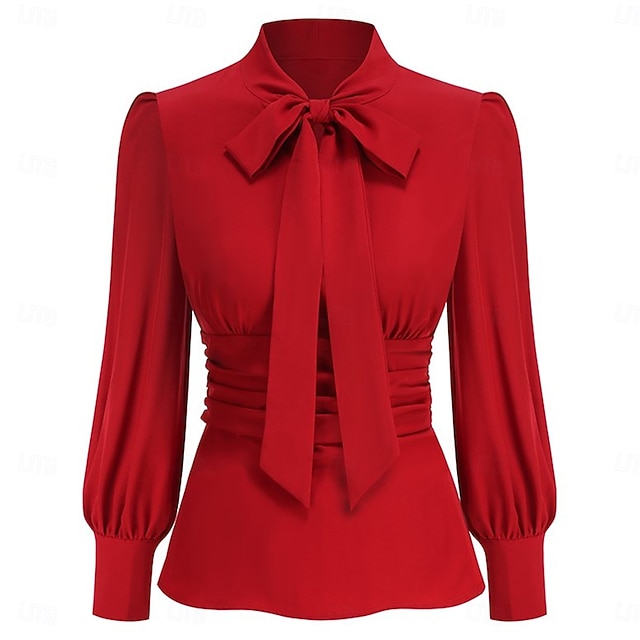 Bow Color Tea Christmas 1950s Retro Vintage Short Length Blouse / Shirt Long Sleeves ...