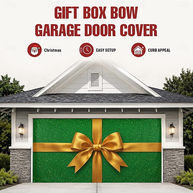 Christmas Garage Door Cover With LED String Lights, 3D Green Gift Box ...