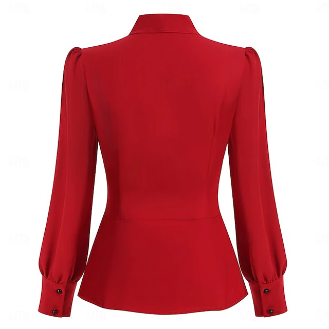 Bow Color Tea Christmas 1950s Retro Vintage Short Length Blouse / Shirt Long Sleeves ...