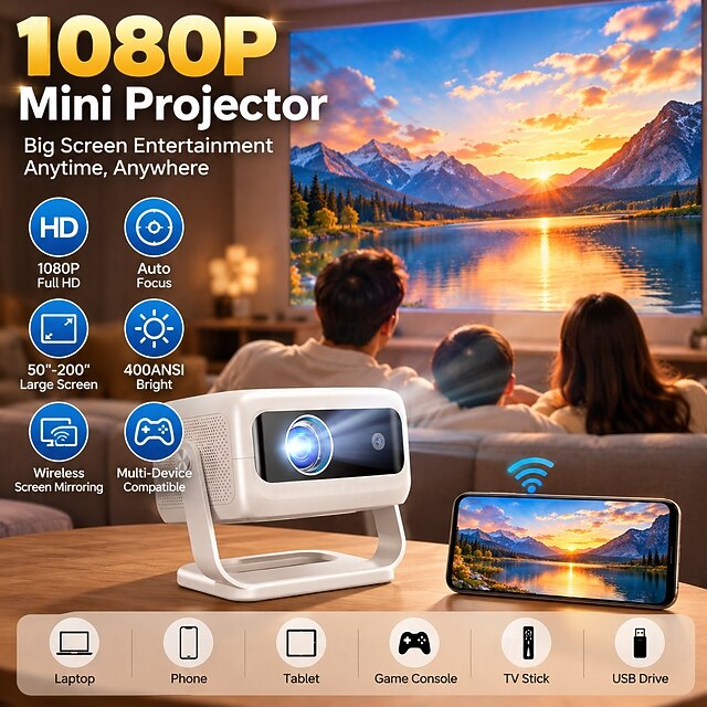 Portable Mini Projector with Rotating Stand, 1080P Supported, Auto ...