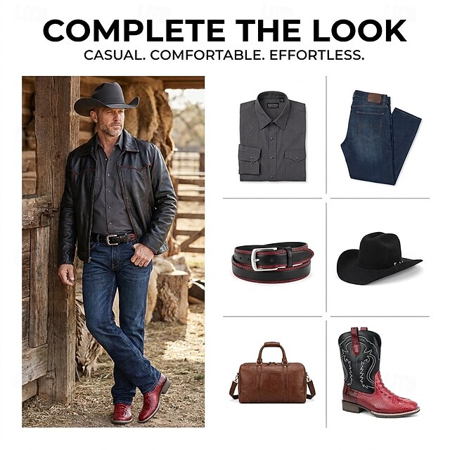 Men's Red Western Cowboy Boots with Crocodile-Embossed Foot and ...
