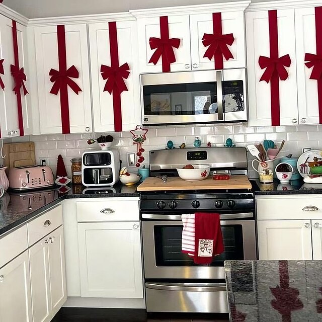 Large Size Polyester Wine Red Velvet Christmas Cabinet Door Bow and ...