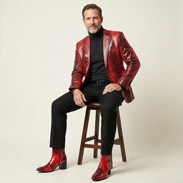 Men's Genuine Leather Red Snake-Embossed Ankle Boots with Pointed Toes ...