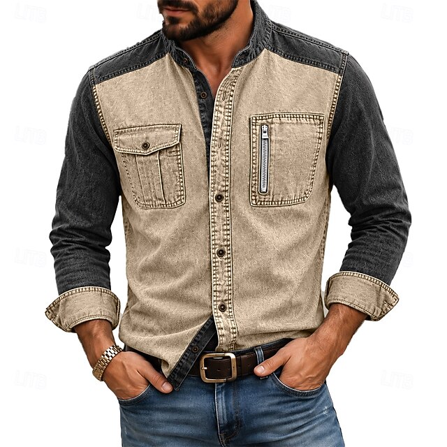 DenimTone Men Shirt Garment Dyed Acid Wash Shirt Color Block Casual ...