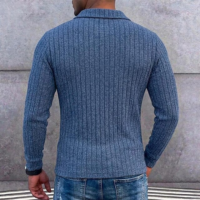 Men's Knit Polo Sweater Textured Casual Street Zip Lapel Long Sleeve ...