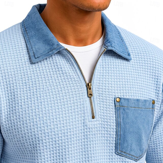 Men's Waffle Polo Shirts Casual Vacation Turndown Long Sleeve Fashion ...
