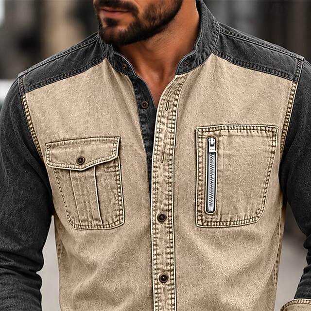DenimTone Men Shirt Garment Dyed Acid Wash Shirt Color Block Casual ...