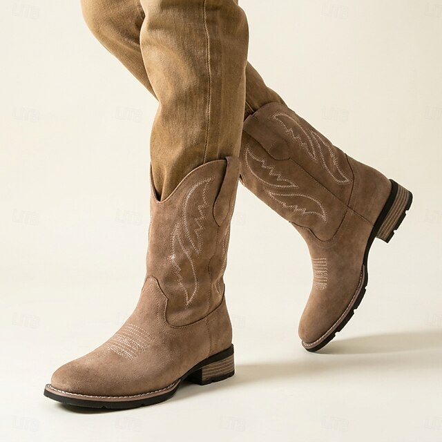Men's Vintage Western Cowboy Boots Tan Brown Embroidered Mid Calf Pull ...