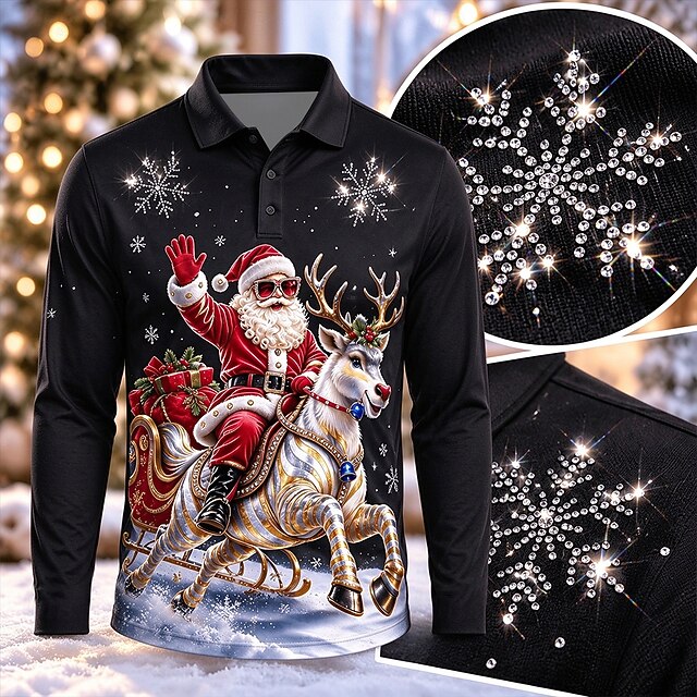 Christmas Men's Graphic Santa Claus Rhinestone Polo Long Sleeve Polo ...
