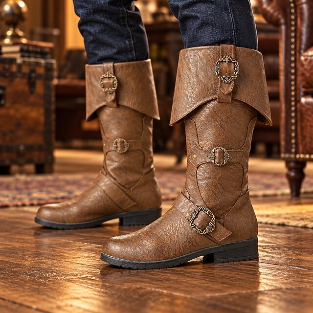 Men's Medieval Knee-High Boots with Fold-Over Cuffs and Ornamental ...