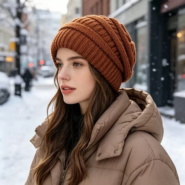 Chunky Knit Cable Brimless Beanie Hat, Oversized Loose Fit Winter Cap ...
