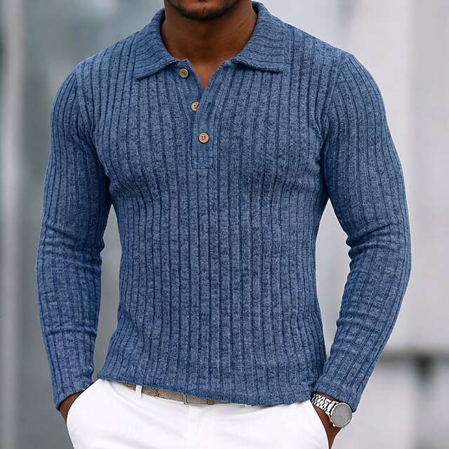 Men's Rib Knit Top Textured Casual Street Lapel Long Sleeve Basic ...