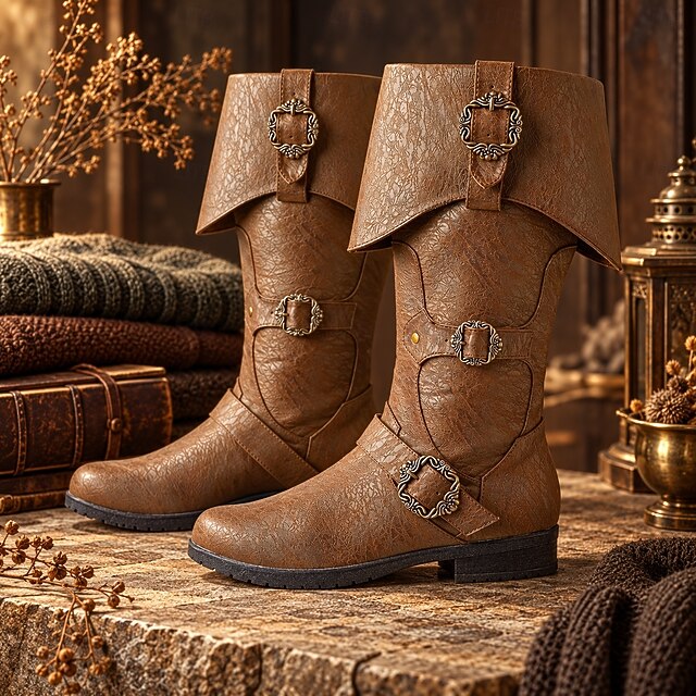 Men's Medieval Knee-High Boots with Fold-Over Cuffs and Ornamental ...