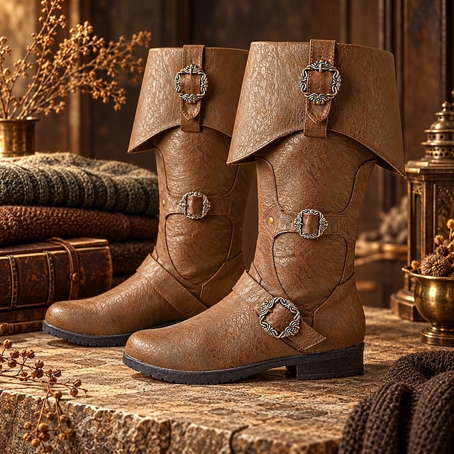 Fold Box Spring Men's Medieval Knee-High Boots with Fold-Over Cuffs and Ornamental ...